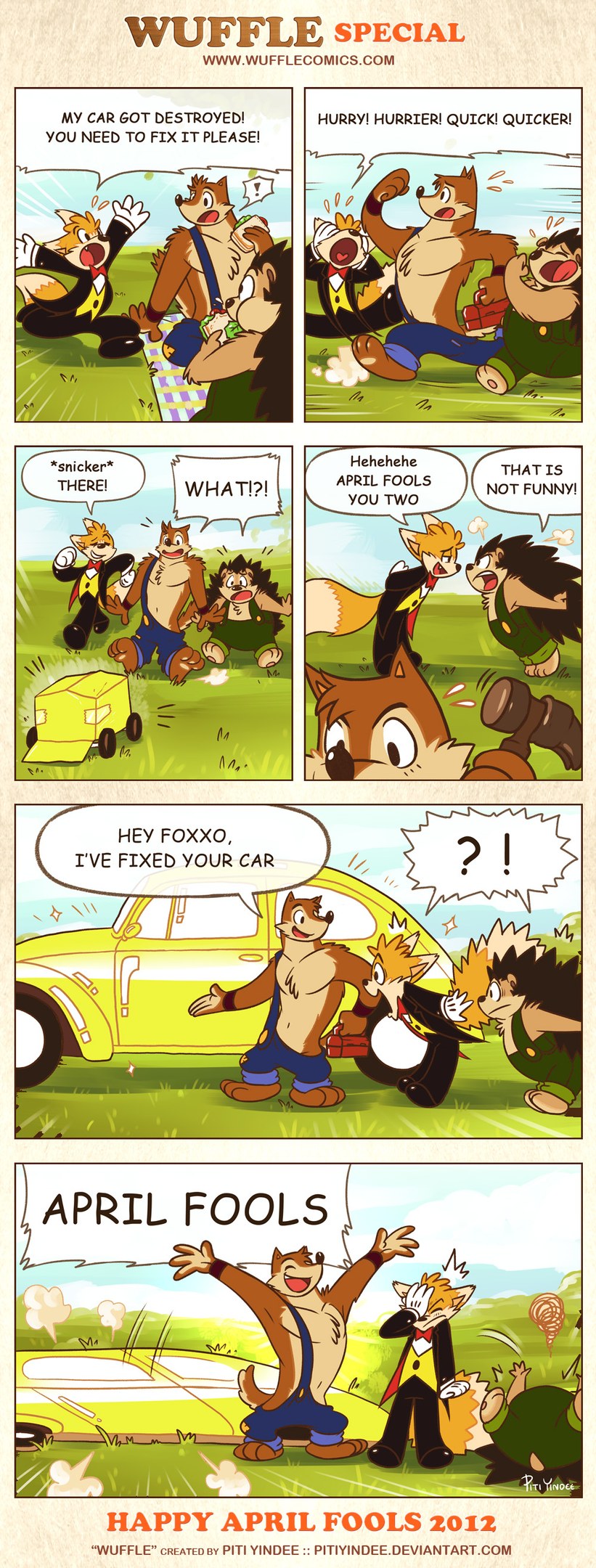 Comic-Strip-Plakat mit der Überschrift "April Fools", das einen Cartoon-Mann und -Frau in einem Gespräch gegen einen hellblauen Himmel mit weißen Wolken zeigt.