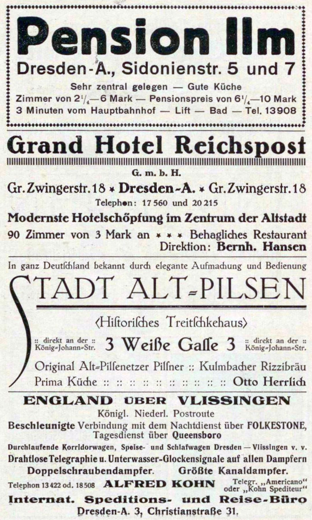 Schwarze und weiße Zeitungsanzeige für eine Pensionspension in Dresden, Deutschland, mit Text auf weißem Hintergrund.