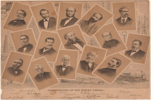 Eine Gruppe von Männern in Anzügen und Krawatten verschiedenen Alters mit dem Text "Millionäre der Vereinigten Staaten" unten auf einem hellblauen Hintergrund.