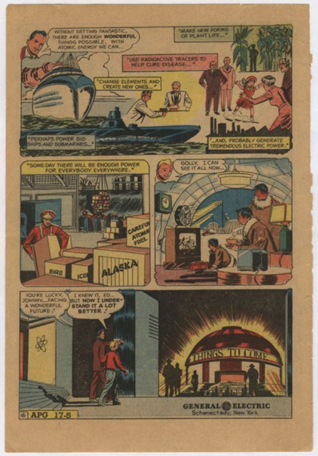 Eine Comic-Seite mit einem Mann in einem blauen Anzug mit weißem Hemd und roter Krawatte und einer Frau in einem weißen Kleid mit blauer Schürze und Schawl, vor einem hellblauen Himmel mit weißen Wolken.