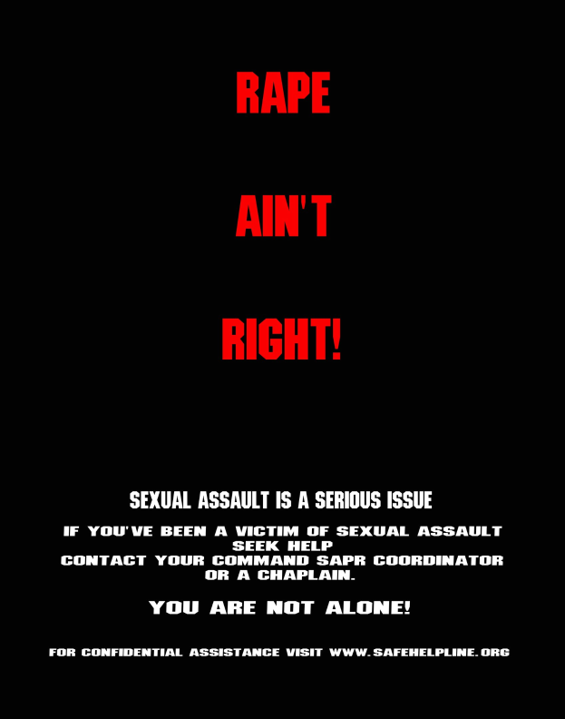 Plakat mit fettem schwarzem Text auf weißem Hintergrund, der 'Rape Ain't Right: Sexual Assault is a Serious Issue' sagt, eingerahmt von einem schwarzen Rand.