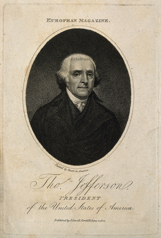 Portrait von Thomas Jefferson, Präsident der Vereinigten Staaten, in einem schwarzen Anzug und einem weißen Hemd mit ernstem Gesichtsausdruck auf dem Cover des European Magazine.