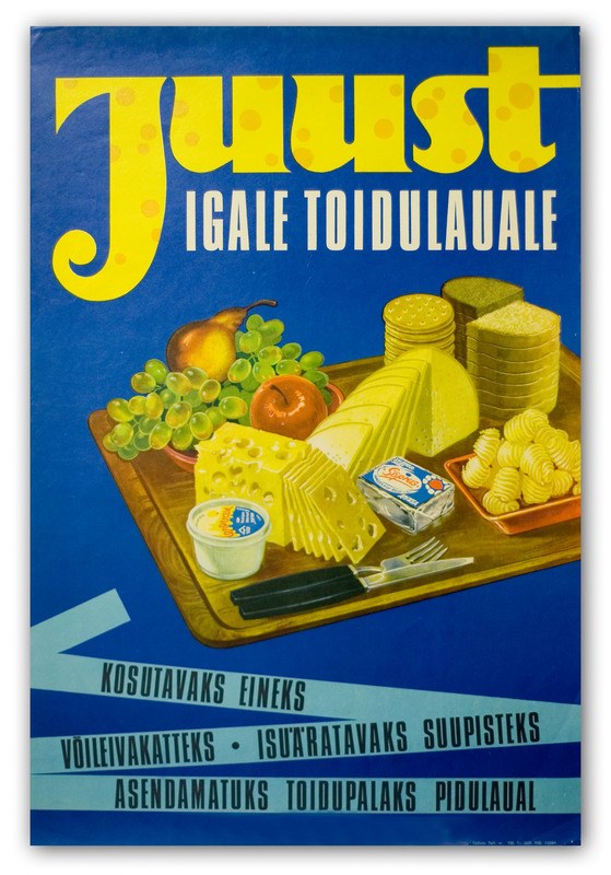 Ein Plakat mit verschiedenen Lebensmitteln wie Früchten, einem Messer und einer Schüssel, begleitet von Text.