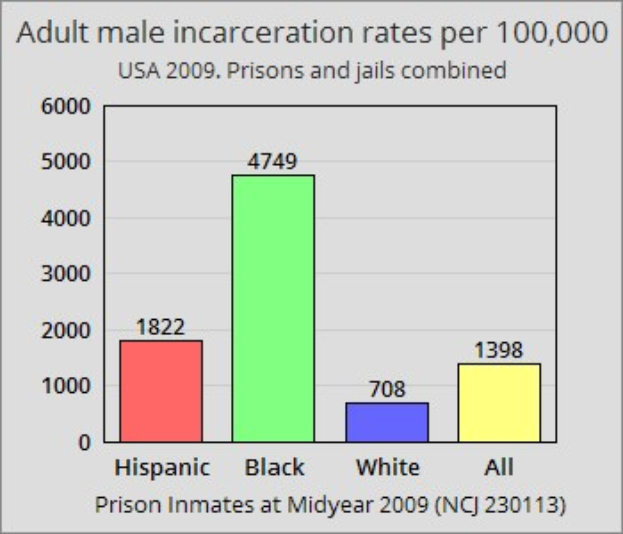 Balkendiagramm, das die Inhaftierungsraten von erwachsenen Männern pro 100.000 in den Vereinigten Staaten zeigt, mit verschiedenen Balkenhöhen, die unterschiedliche Raten darstellen.