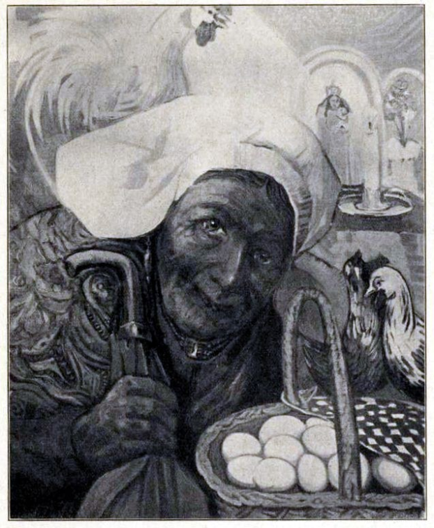 Eine ältere Frau mit einem Korb voller Eier, umgeben von mehreren Hühnern, mit Text am unteren Bildrand.