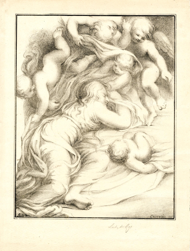 Eine Zeichnung einer Frau, die friedlich auf einem Bett liegt und von einer Gruppe von Kindern umgeben ist, die bewundernd zu ihr aufschauen.