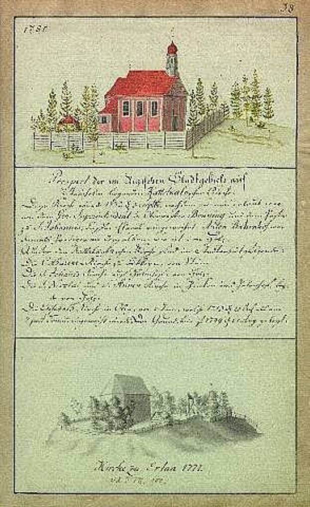 Altes Buch mit einer roten Hausillustration umgeben von Bäumen und einem Zaun, Text lautet "Deutsche Schule in den Niederlanden, 1777".