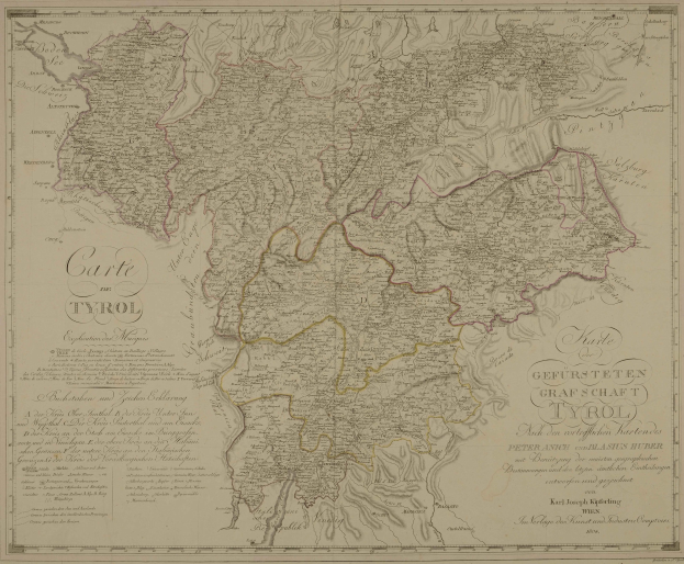 Detailierte alte Karte von Tirol, Deutschland, zeigt Städte, Ortschaften, geografische Merkmale und Textangaben zur Bevölkerung, Straßen und Sehenswürdigkeiten.