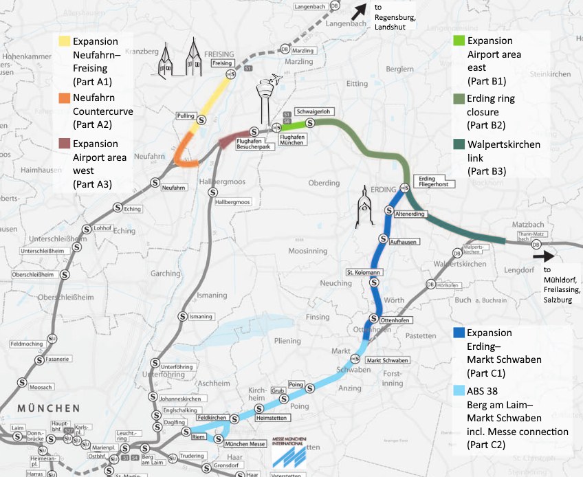 Eine detaillierte Karte einer Stadt mit einer hervorgehobenen Zugroute von München nach Frankfurt, einschließlich Haltestellen und Umgebung, mit zusätzlichen Zuginformationen.