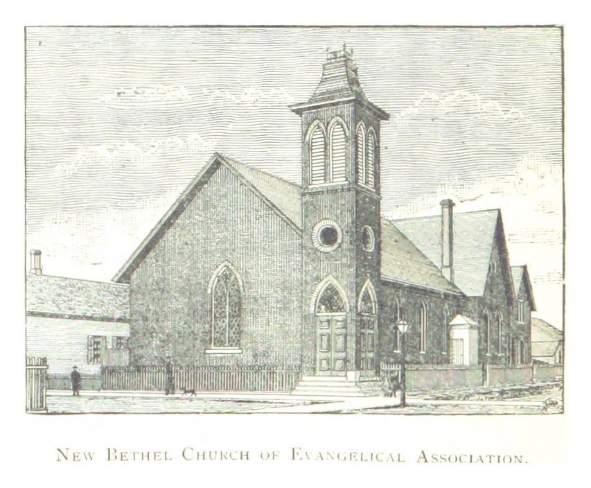 Zeichnung der Neuen Bethel-Kirche der Evangelischen Kirche mit einigen Menschen davor, einem umliegenden Zaun und einem klaren blauen Himmel im Hintergrund; Text unten.