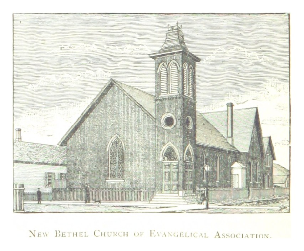 Zeichnung der Neuen Bethel-Kirche der Evangelischen Kirche mit einigen Menschen davor, einem umliegenden Zaun und einem klaren blauen Himmel im Hintergrund; Text unten.