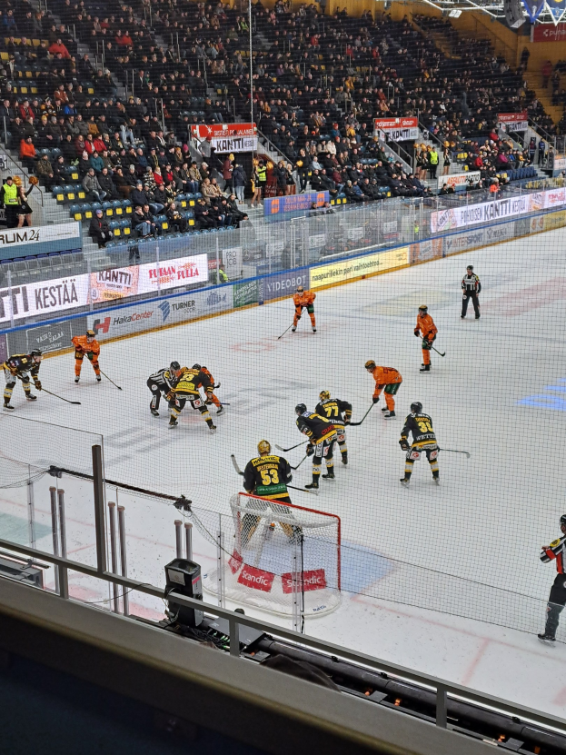 Gruppe von Menschen, die Hockey auf einer Indoor-Eisbahn mit einem Netz spielen, umgeben von einem Zaun, unter Stadionbeleuchtung, mit Sitzplätzen im Hintergrund und sichtbaren Bannern.