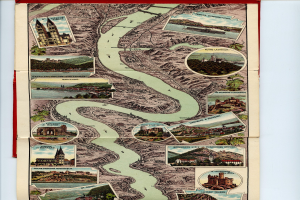 Ein altes Kartenbild des Rheins in Deutschland, gerahmt und mit Gebäuden, Bäumen und Wasser dargestellt.