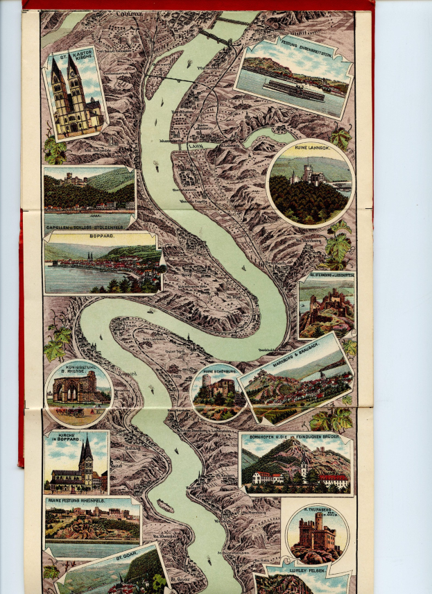 Ein altes Kartenbild des Rheins in Deutschland, gerahmt und mit Gebäuden, Bäumen und Wasser dargestellt.