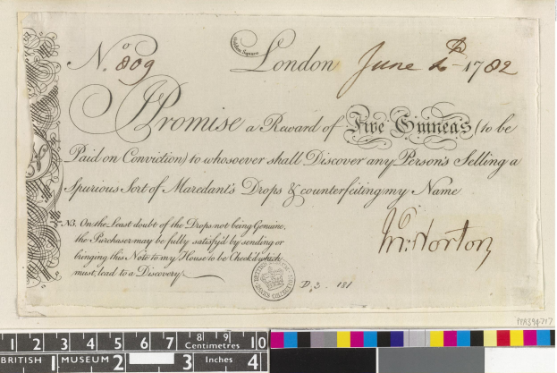 Altes Dokument mit schwarzer und weißer Handschrift, Text und einem Stempel, mit Farbskalen und einer Belohnungsankündigung für die Meldung von gefälschten Mardants Tropfen.