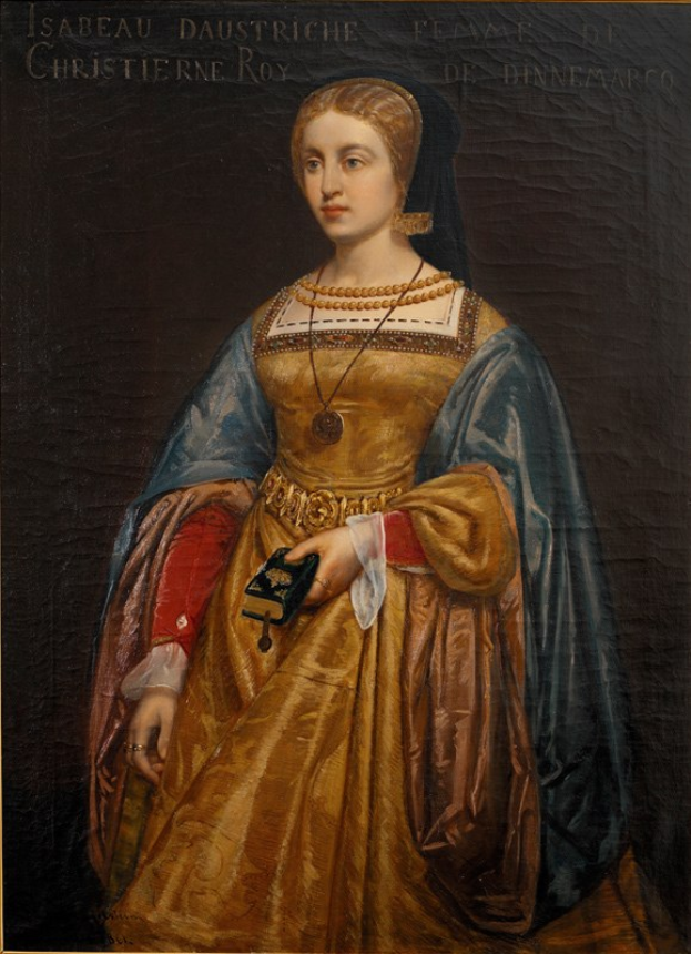 Gemälde von Isabella daustriche in einem goldenen Kleid mit detailreichen Verzierungen, Haar zu einem Knoten gebunden, mit einem ernsten und königlichen Gesichtsausdruck, von Christierne Roy.