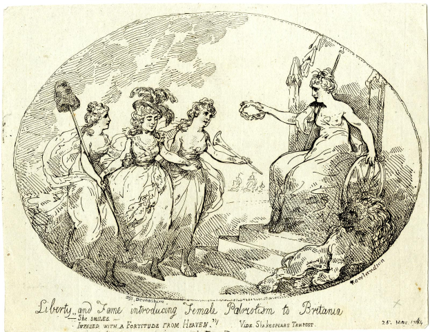 Eine Zeichnung von Frauen auf einer Bank sitzend, wobei eine ein Objekt hält, mit Text unten, der 'Liberty and Fame Introducing Female Palmetto to Britain' lautet.