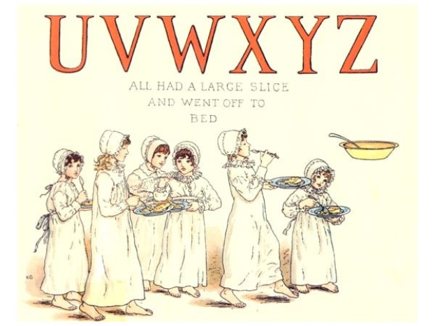 Eine Gruppe von Menschen mit Tellern voller Essen, einem Schüsselchen und Löffel rechts daneben und dem Text "Uwxyz - Alle hatten ein großes Stück und gingen ins Bett." oben.