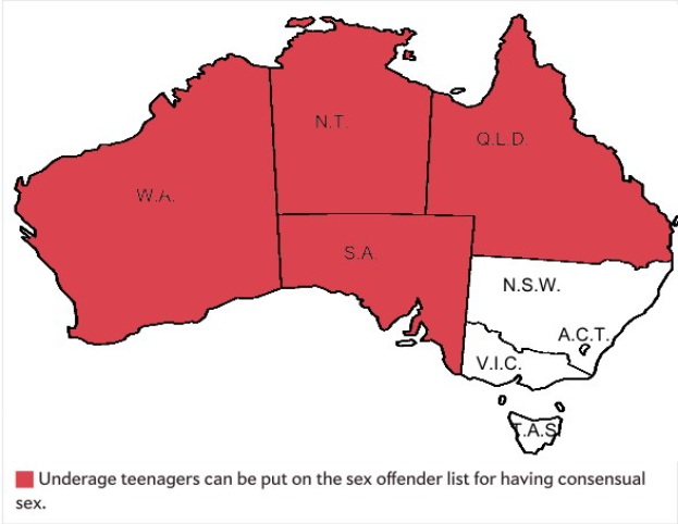 Eine Karte von Australien mit rot schattierten Regionen, die den Prozentsatz von Minderjährigen in jedem Bundesstaat angeben, begleitet von einem Text, der unten steht: "Minderjährige können wegen einvernehmlichen Sex auf die Sex-Täter-Liste gesetzt werden."