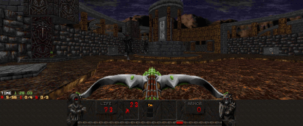 Ein Dungeon in *Dungeon Master II* mit einem von Wänden, Säulen und Gegenständen umgebenen Drachen, mit Spielstatusdetails unten.