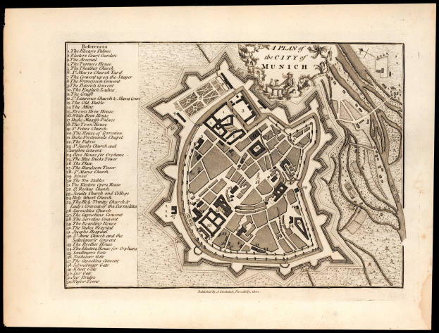 Detailierte alte Karte von München, Deutschland, mit Straßen, Gebäuden und Sehenswürdigkeiten auf einem schwarzen Hintergrund, einschließlich Text mit Straßennamen und Sehenswürdigkeiten.