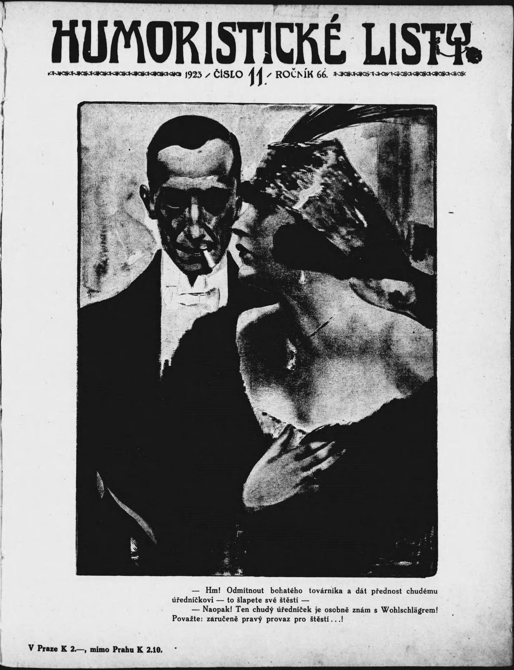 Schwarz-weißes Magazin-Cover mit der Aufschrift 'Humoristische Liste', das einen Mann in Anzug mit ernster Miene und eine Frau zeigt, die wegsieht und schmunzelt.