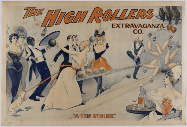 Plakat aus den 1920er Jahren für die High Rollers Extravaganza Co., das Menschen in Vintage-Kleidung beim Bowling zeigt, mit dem Text "A Ten Strike" und einem gedämpften Blau-, Grün- und Gelbton
