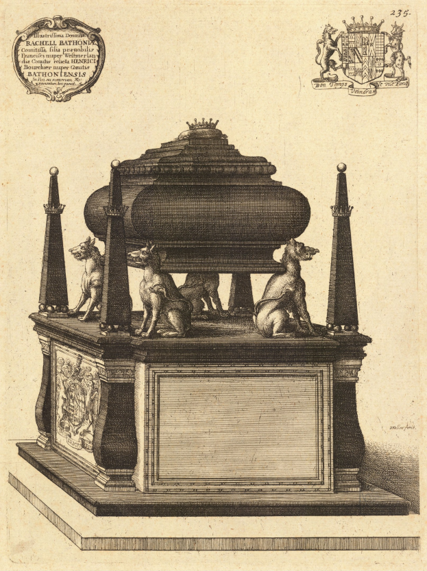 Eine Zeichnung eines Denkmals mit einem Sarkophag mit detaillierten Designs, gekrönt von einer Statue eines Hundes, umgeben von Skulpturen, Text und einem Logo.