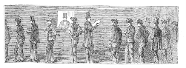 Schwarz-weißes Gravur von Menschen in einer Reihe, einer hält ein Papier mit einer Wahlkabine.