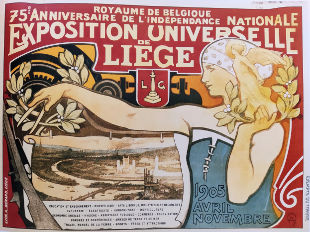 Plakat zum 75. Jubiläum der Nationalen Ausstellung Universitaire de Liège mit einer Frau, die einen Blumenstrauß hält und Text, der das Ereignis beschreibt.