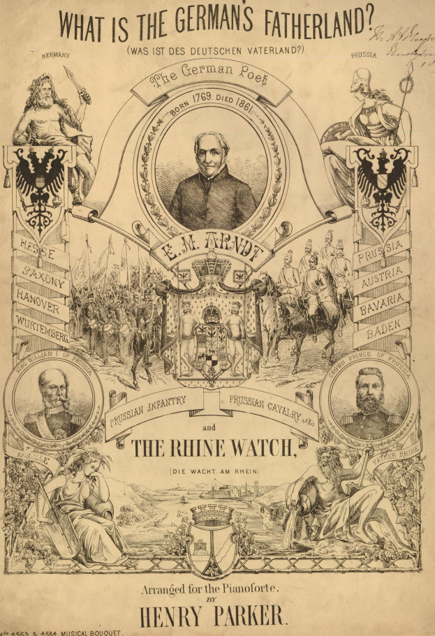 Schwarz-weiß-Illustration eines Papiers mit der Überschrift "Was ist das Vaterland des Deutschen? Die Rheinwacht" mit Bildern von Menschen und Text.