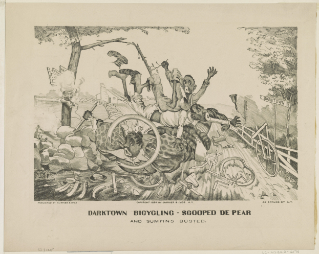 Ein Blatt mit einer Zeichnung von besorgten Menschen, die ein leuchtend gelbes Fahrrad unter einem dunklen Himmel fahren, mit der Beschriftung "darktown bicycling - scooped de pear and sumfins busted."