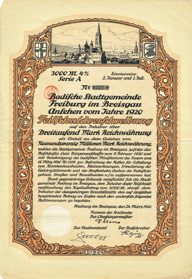 Altes deutsches Aktienzertifikat mit einer Stadtansicht und bedrucktem Text, der Details zur Aktie angibt.