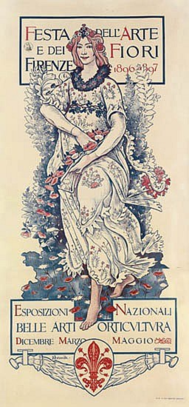 Plakat für ein italienisches Festival mit einer Frau in einem langen weißen Kleid mit hohem Kragen und einem Dutt, vor einem hellblauen Hintergrund mit fetter schwarzer Schrift.