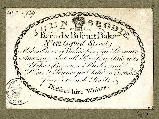 Alte Visitenkarte für John Brodie Bread & Biscuit Baker mit Text, der die Bakery-Angebote beschreibt.