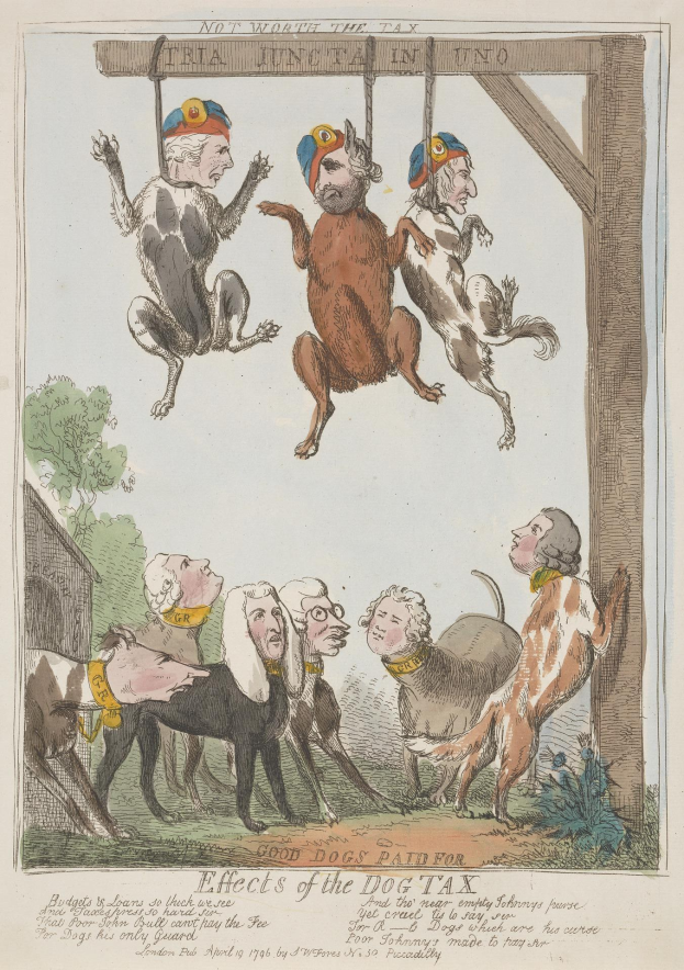 Ein Blatt mit einer Zeichnung von Menschen und Tieren, darunter ein Hund, der an einem Holzpfahl hängt, und handgeschriebener Text darunter.