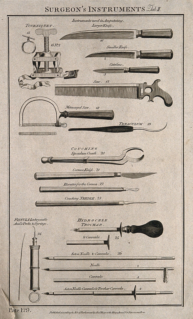 Ein Blatt Papier mit verschiedenen chirurgischen Instrumenten, darunter ein Messer, und handgeschriebener Text.