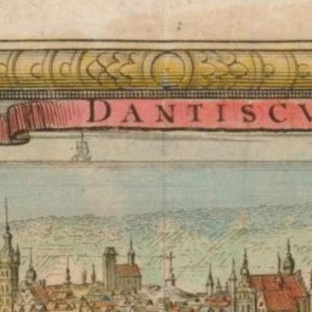 Altes Buch mit einer illustrierten Stadtansicht, die Gebäude und einen Banner mit beschreibendem Text enthält.