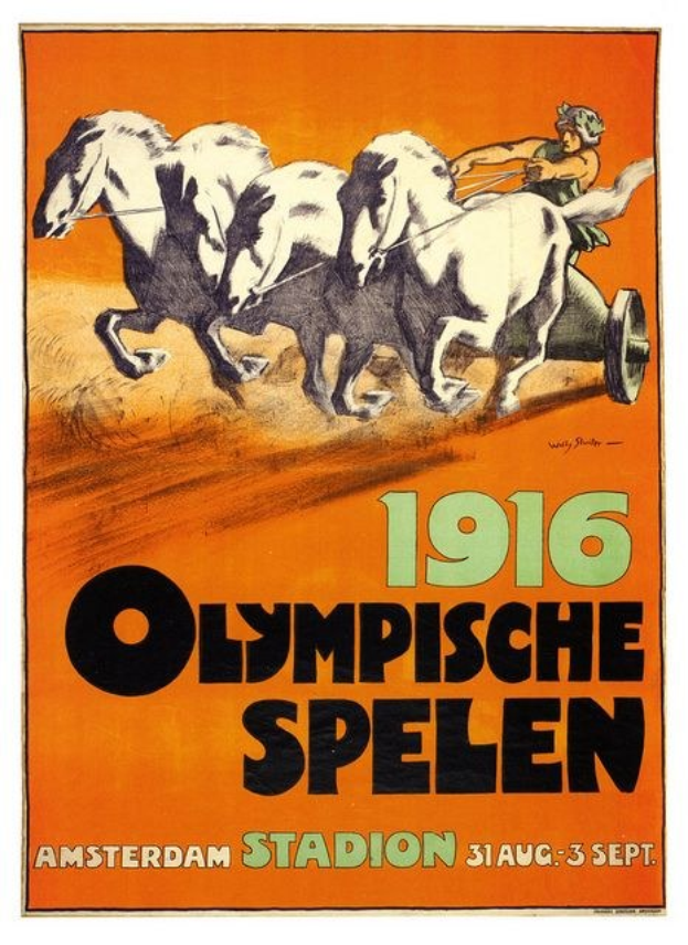 Plakat für die Olympischen Spiele 1916 in Amsterdam, das eine Person in einem von Pferden gezogenen Wagen zeigt.