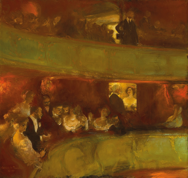 Gemälde einer vielseitigen Gruppe von formell gekleideten Menschen in einem hell erleuchteten, neutralfarbenen Theater, einige stehen, einige sitzen, und vermitteln eine lebendige und einladende Atmosphäre.