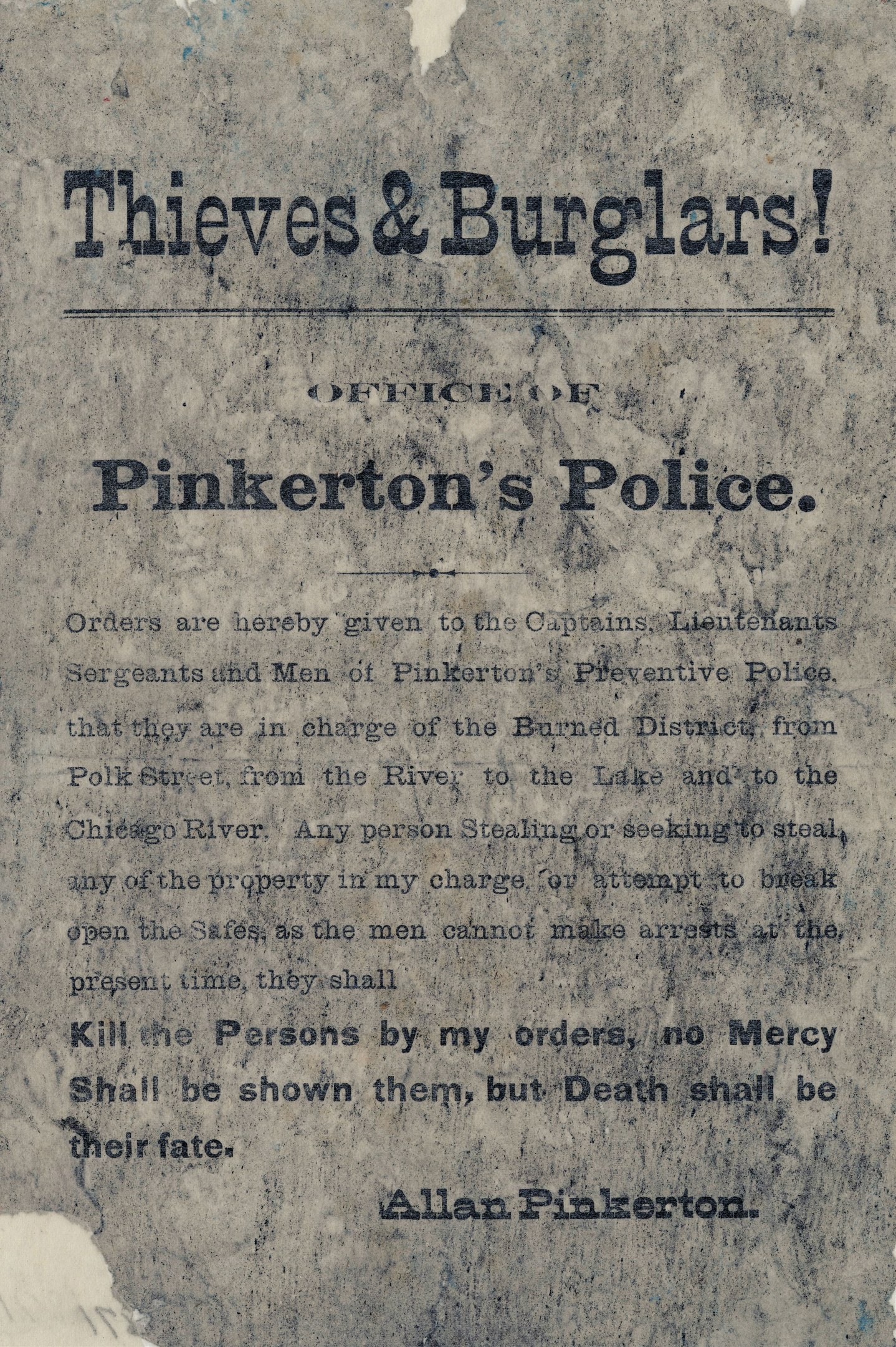 Ein Plakat mit fetter schwarzer Schrift, die "Diebe & Einbrecher Pinkerton's Police" auf einem weißen Hintergrund zeigt, umrandet von einem schmalen schwarzen Rand.