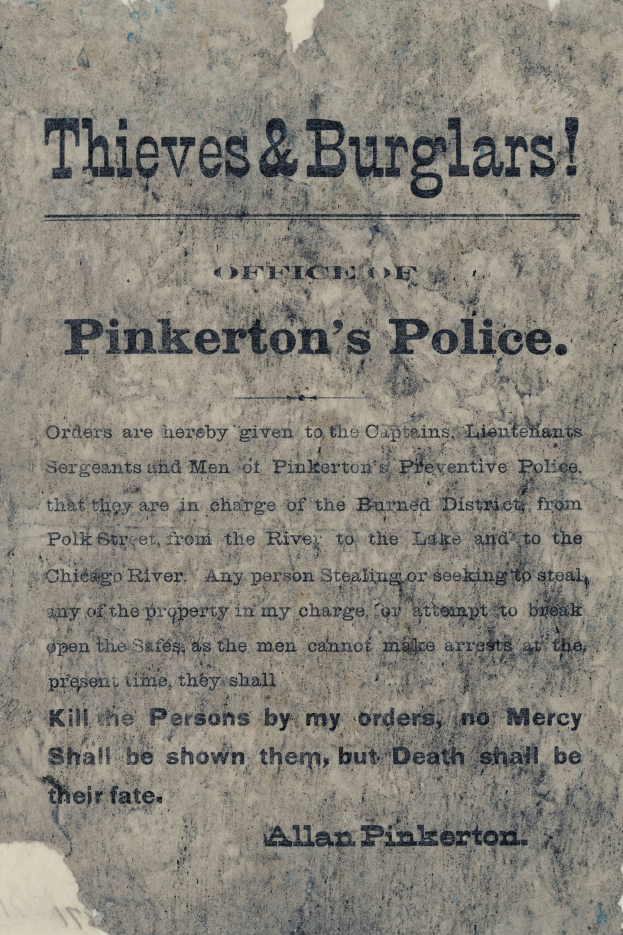Ein Plakat mit fetter schwarzer Schrift, die "Diebe & Einbrecher Pinkerton's Police" auf einem weißen Hintergrund zeigt, umrandet von einem schmalen schwarzen Rand.