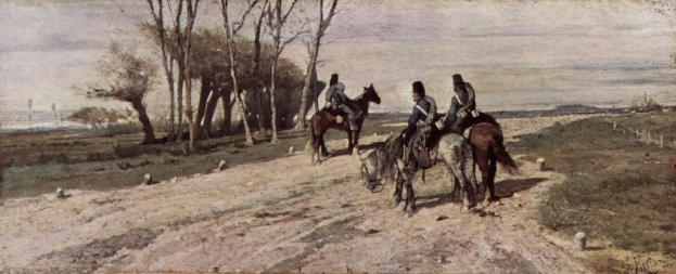 Gemälde namens "Reiter auf der Straße" von Joseph Mallord William Turner, das eine Gruppe von Menschen in traditioneller Kleidung zeigt, die auf Pferden eine Schotterstraße entlangreiten, umgeben von hohen, grünen Bäumen unter einem tiefblauen Himmel mit ein paar weißen Wolken.