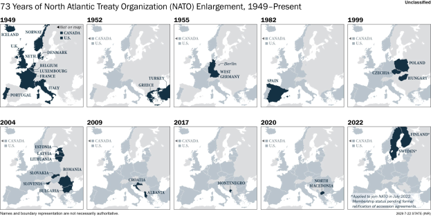 Karte der NATO-Erweiterung von 1949 bis heute, die die Mitgliedsadditionen nach Jahren in verschiedenen Regionen zeigt.
